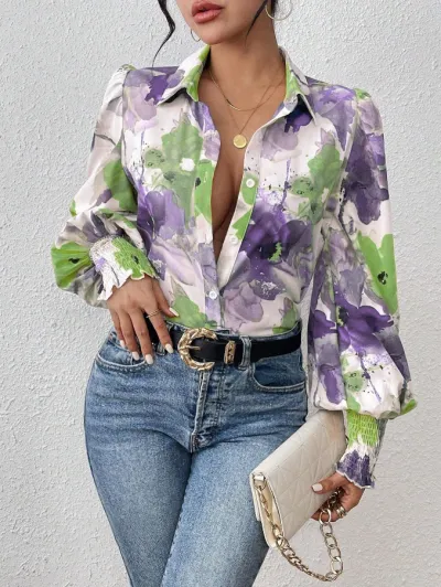 Women's Floral Print Lapel Bubble Sleeve Blouse
