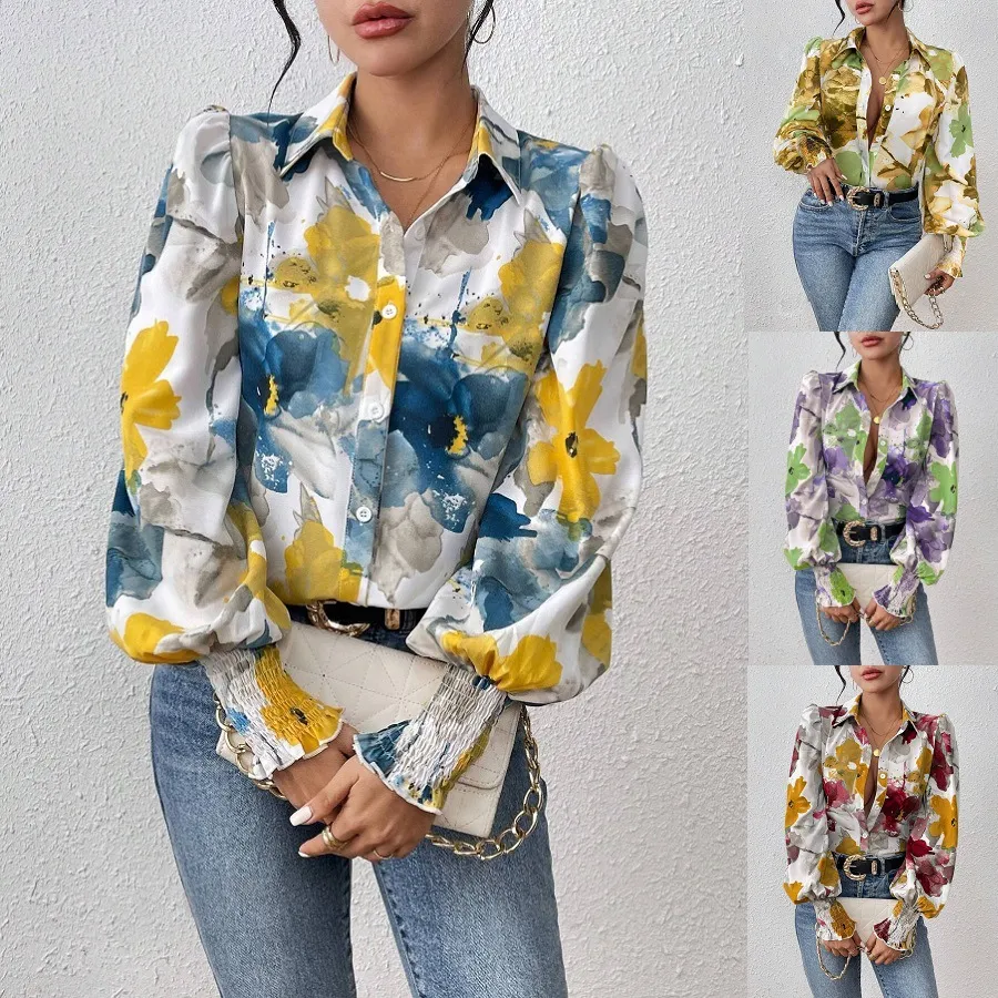 Women's Floral Print Lapel Bubble Sleeve Blouse