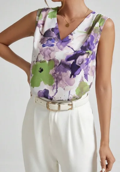 Summer Women Floral Print V-Neck Sleeveless Blouse