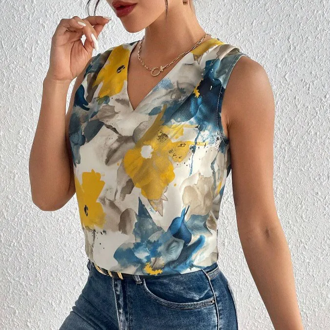 Summer Women Floral Print V-Neck Sleeveless Blouse