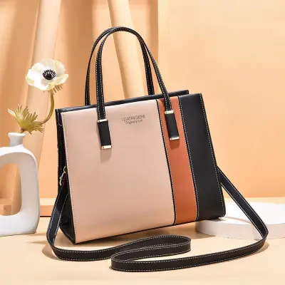 Women Fashion Color Block Large Capacity PU Handbag Business Commute