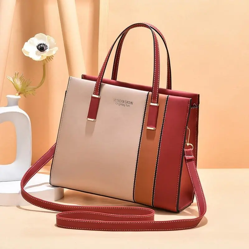 Women Fashion Color Block Large Capacity PU Handbag Business Commute