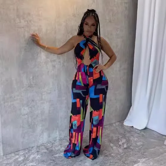 Women Fashion Sexy Printed Cross Neck Backless Jumpsuit
