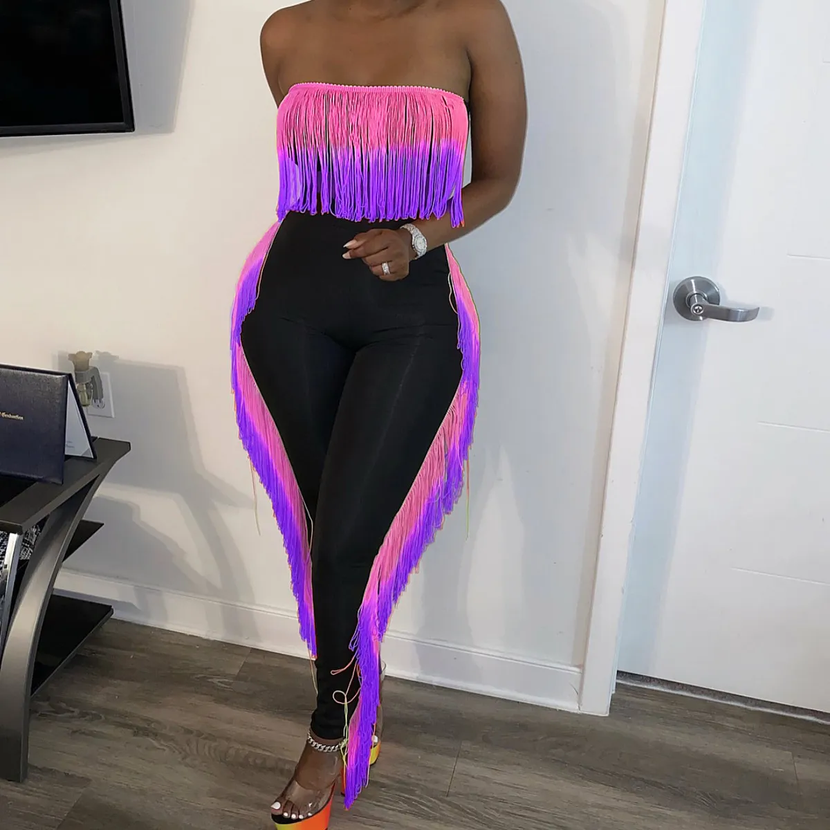 Women Fashion Sexy Backless Gradient Tassel Strapless Top And Pants Two-Piece Set