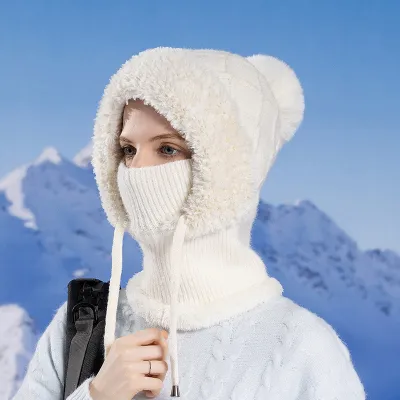 Winter Fleece-Lined Knitted Fluffy Hat with Fur Ball