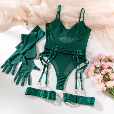 Women Sexy Solid Color Strap Stitching Lingerie Bra Set
