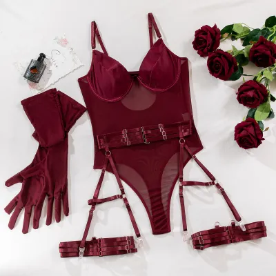 Women Sexy Solid Color Strap Stitching Lingerie Bra Set