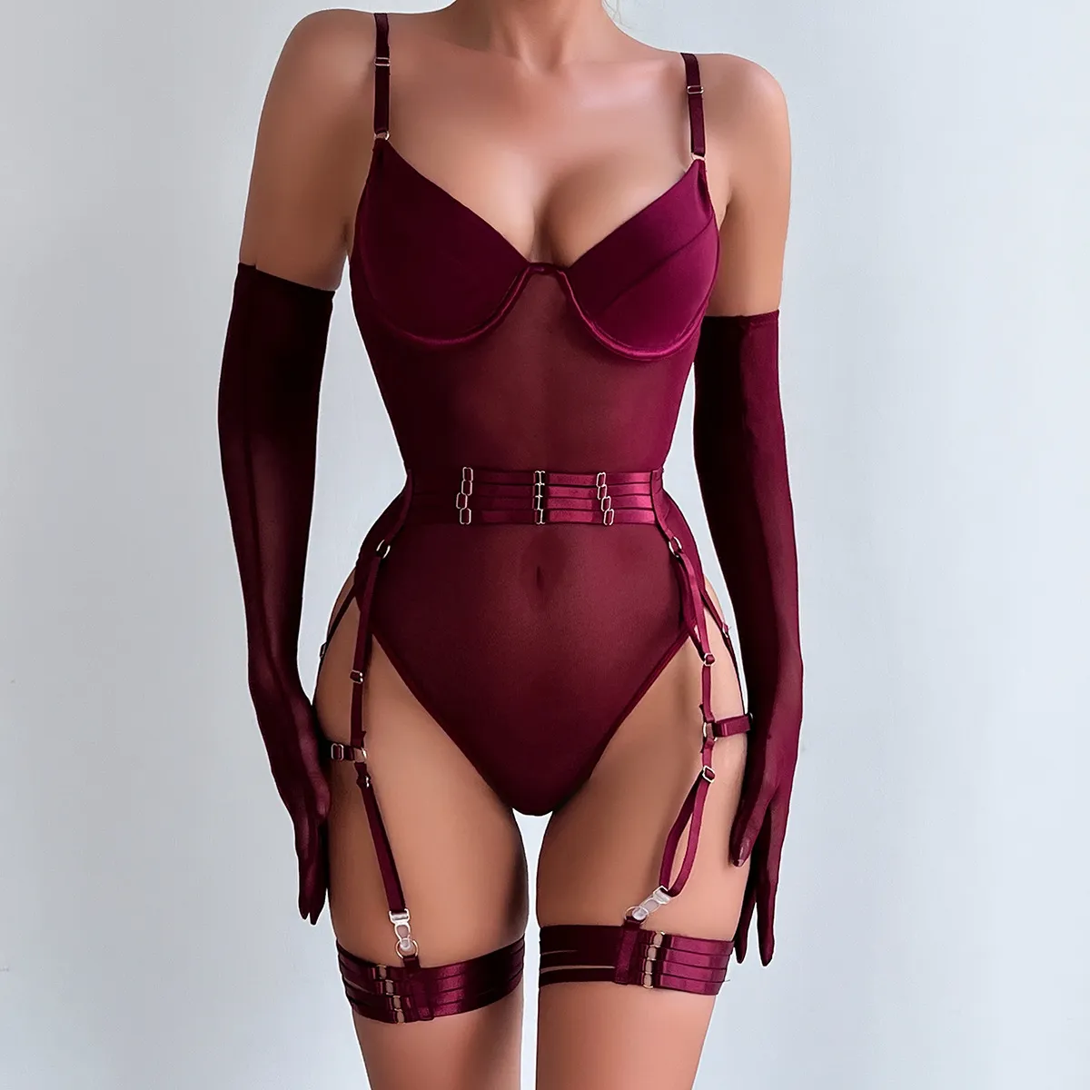 Women Sexy Solid Color Strap Stitching Lingerie Bra Set