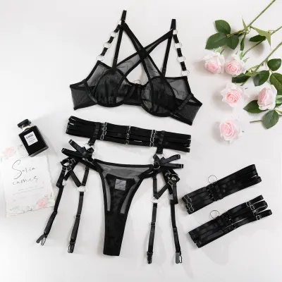 Women Sexy Mesh Lingerie Three-Piece Set