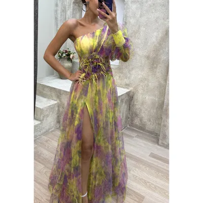 Women Fashion Slant Shoulder Split Mesh Maxi Dress