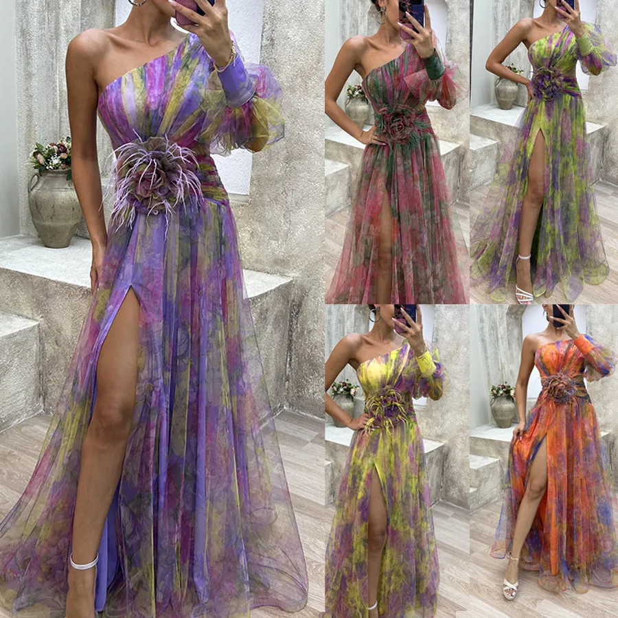 Women Fashion Slant Shoulder Split Mesh Maxi Dress