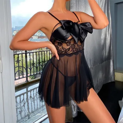 Women Sexy Solid Color Bow Mesh Lingerie Bra Set
