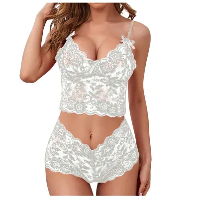 Women Sexy Solid Color Lace Perspective Bra Set