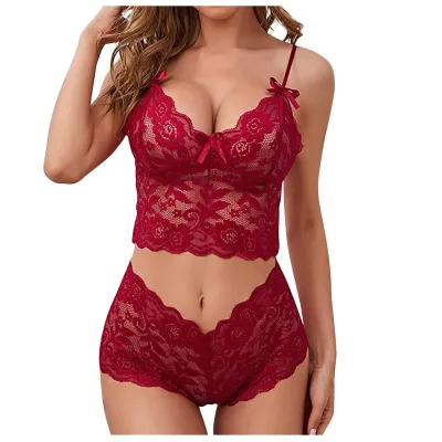 Women Sexy Solid Color Lace Perspective Bra Set