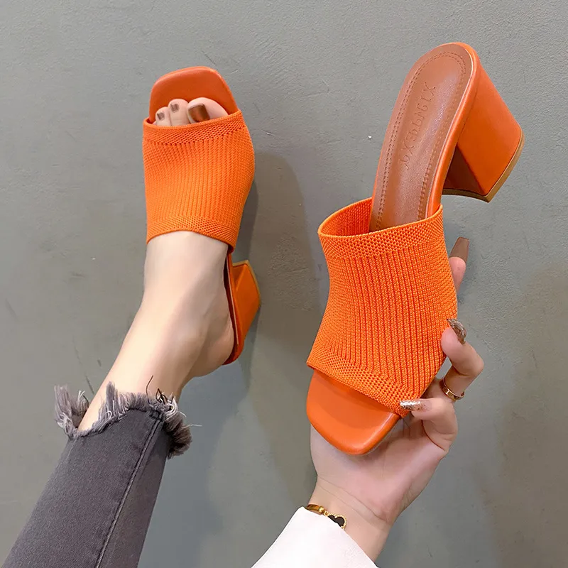 Fashion Solid Color Chunky Heel Slippers Peep Toe Knitting