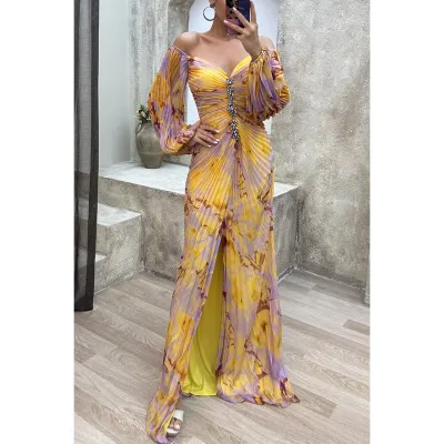 Women Elegant Pleated Split Long Sleeve Maxi Dress