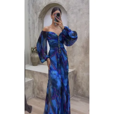 Women Elegant Pleated Split Long Sleeve Maxi Dress