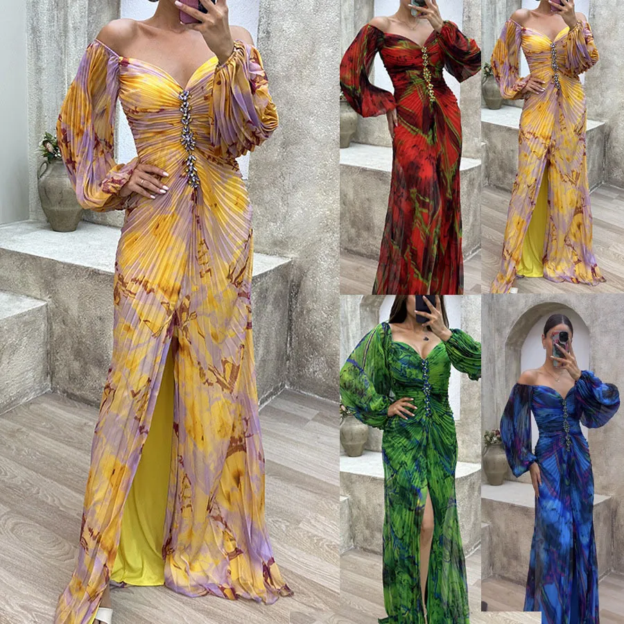 Women Elegant Pleated Split Long Sleeve Maxi Dress