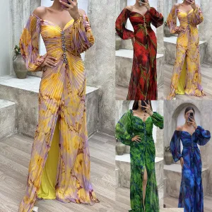 Women Elegant Pleated Split Long Sleeve Maxi Dress