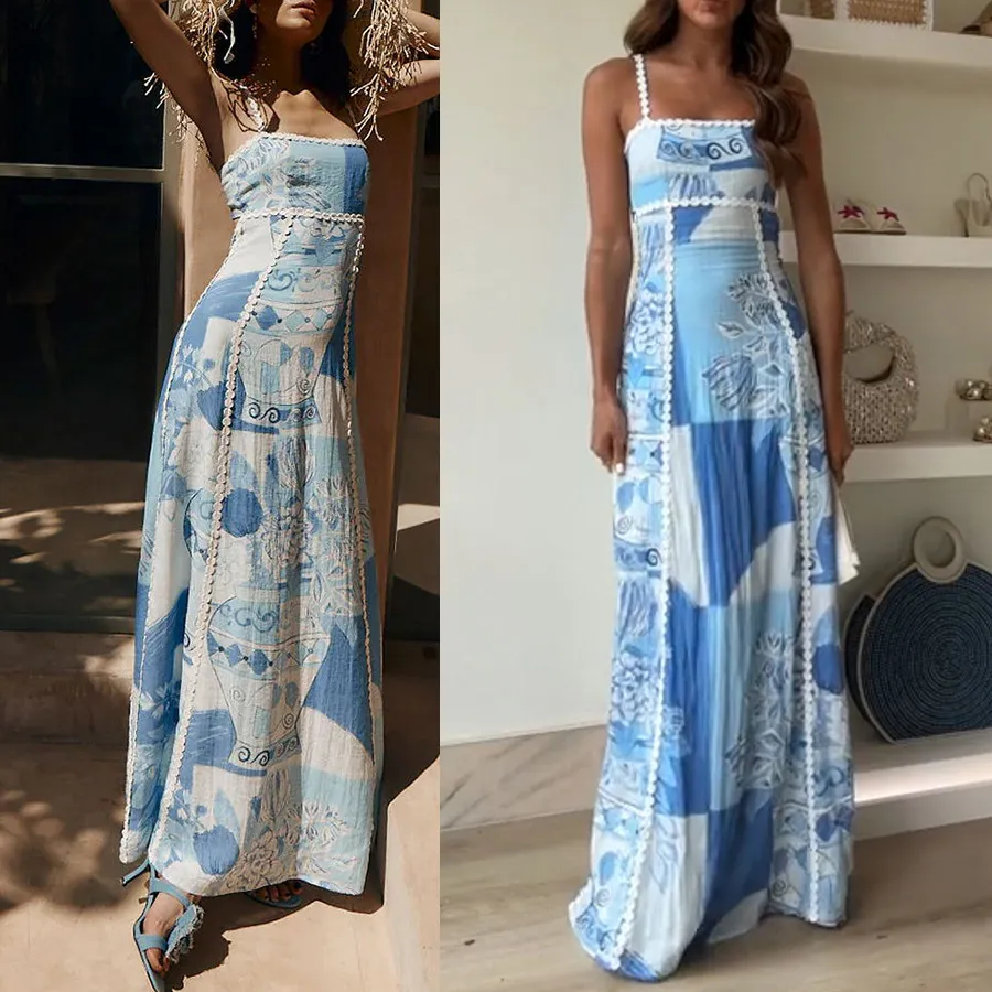 Women Vacation Loose Print Maxi Sling Dress