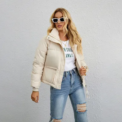 Autumn Winter Women Fashion Solid Color Stand Collar Zipper Coat