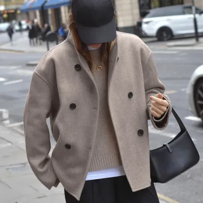 Autumn Winter Women Elegant Solid Color Double-Breasted Woolen Jacket