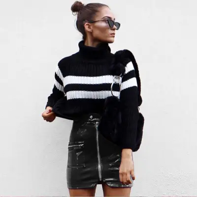 Women Sexy Solid Color Zipper Pocket PU Leather A-Line Short Skirt