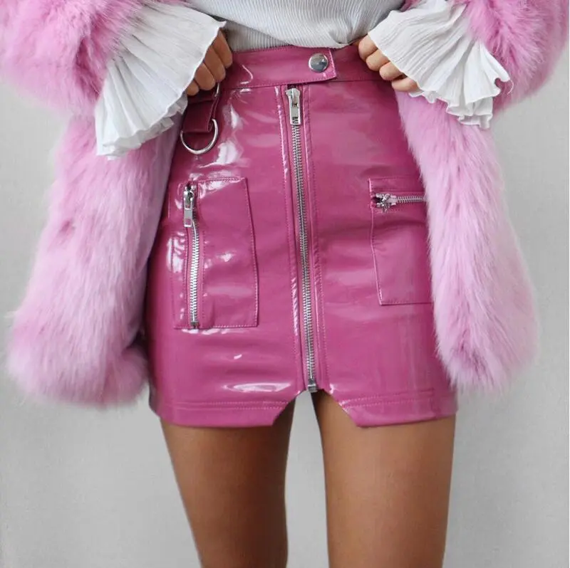 Women Sexy Solid Color Zipper Pocket PU Leather A-Line Short Skirt