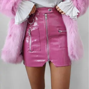 Women Sexy Solid Color Zipper Pocket PU Leather A-Line Short Skirt