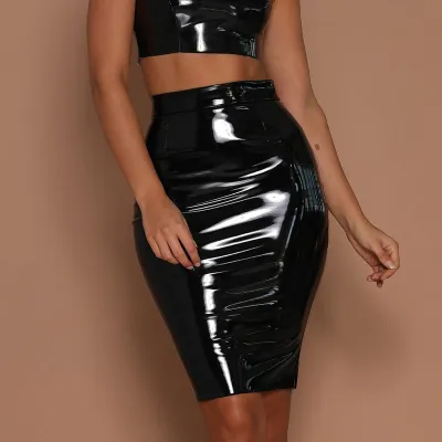 Women Fashion Elegant Solid Color PU Skirt