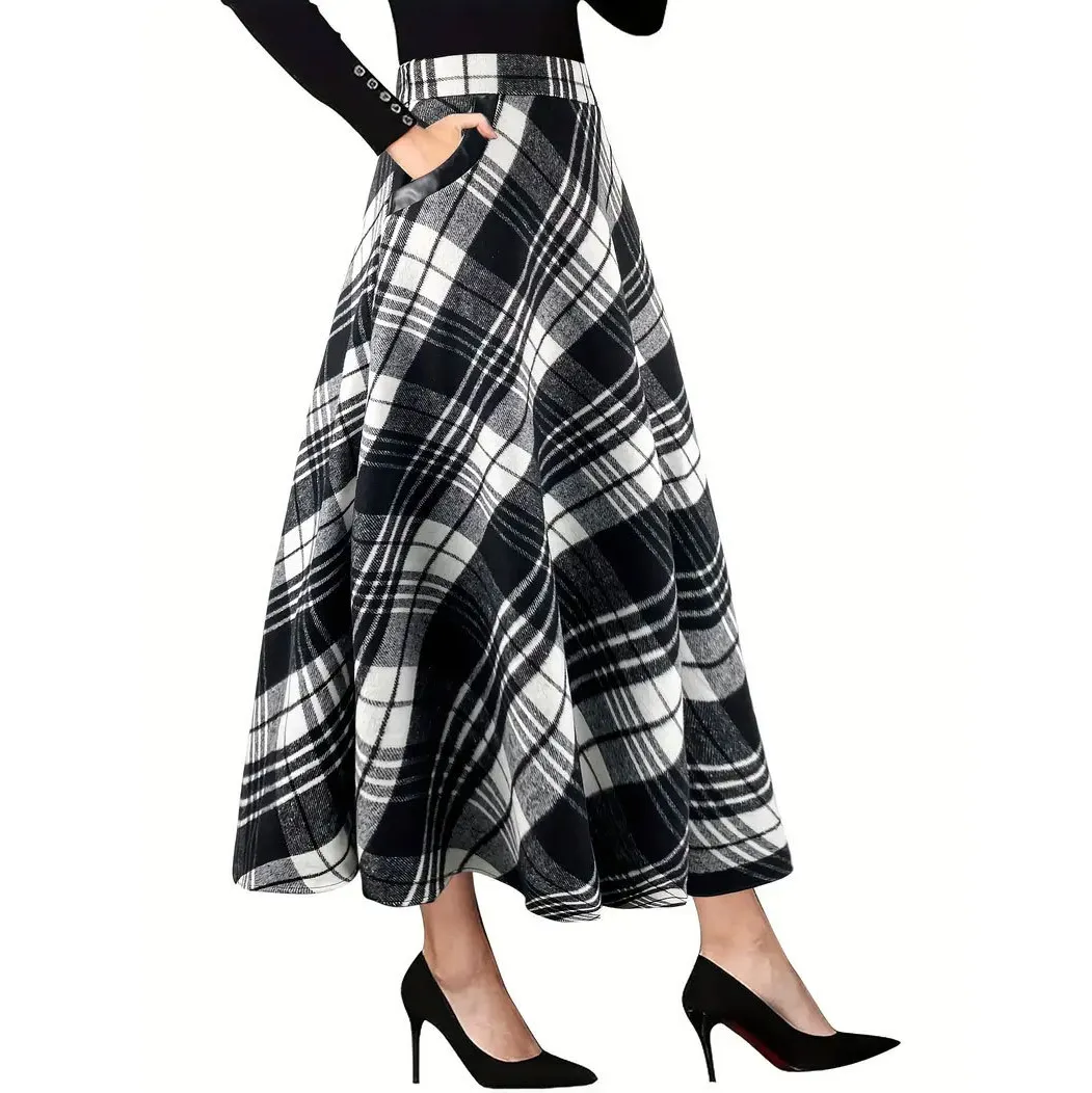 Women Elegant Black White Plaid Woolen Loose Long Skirt