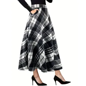 Women Elegant Black White Plaid Woolen Loose Long Skirt