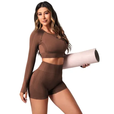Women's Yoga Fitness Solid Color Long Sleeve Top and Leg Bundle Pants Sport Two-Piece Set