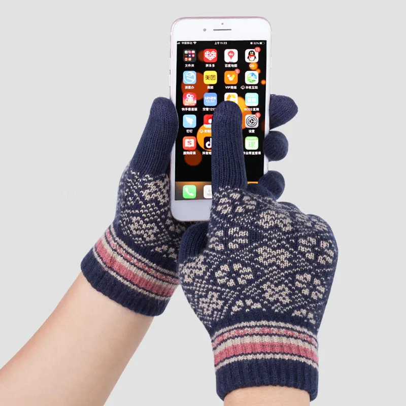 Jacquard Touch Screen Gloves for Women Fleece-Lined Thickened Warm Winter Knitted Cold-Proof Gloves