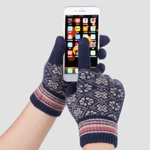 Jacquard Touch Screen Gloves for Women Fleece-Lined Thickened Warm Winter Knitted Cold-Proof Gloves