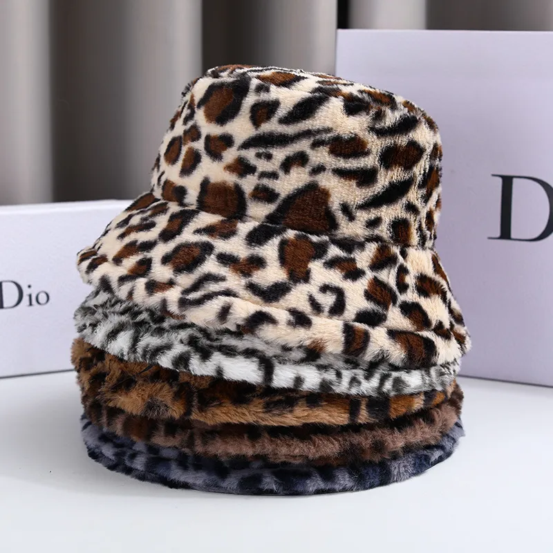Women Winter Leopard Print Plush Bucket Hat