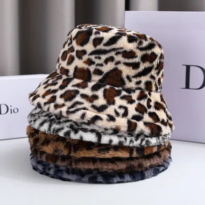 Women Winter Leopard Print Plush Bucket Hat