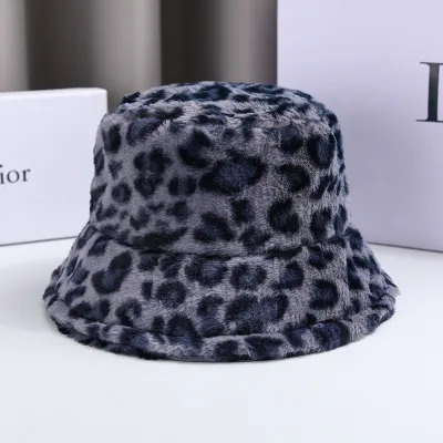 Women Winter Leopard Print Plush Bucket Hat