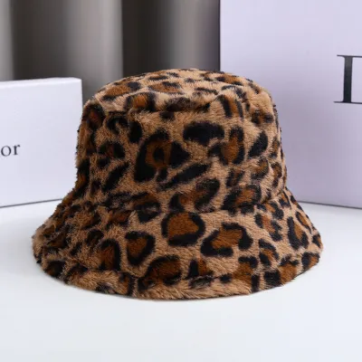 Women Winter Leopard Print Plush Bucket Hat