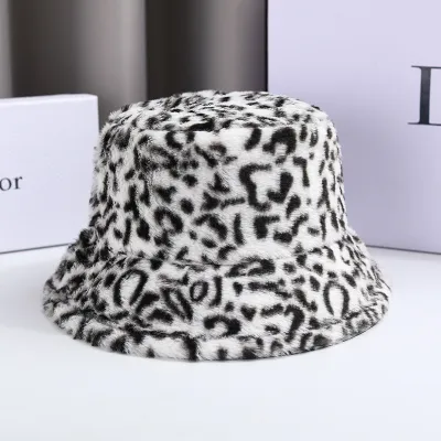 Women Winter Leopard Print Plush Bucket Hat