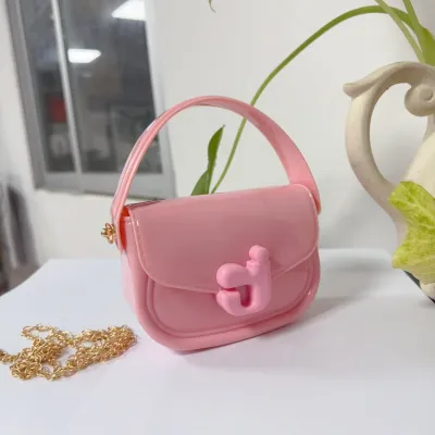 Children Fashion Solid Color J Letter Jelly PVC Mini Chain Messenger Bag Small Square Crossbody