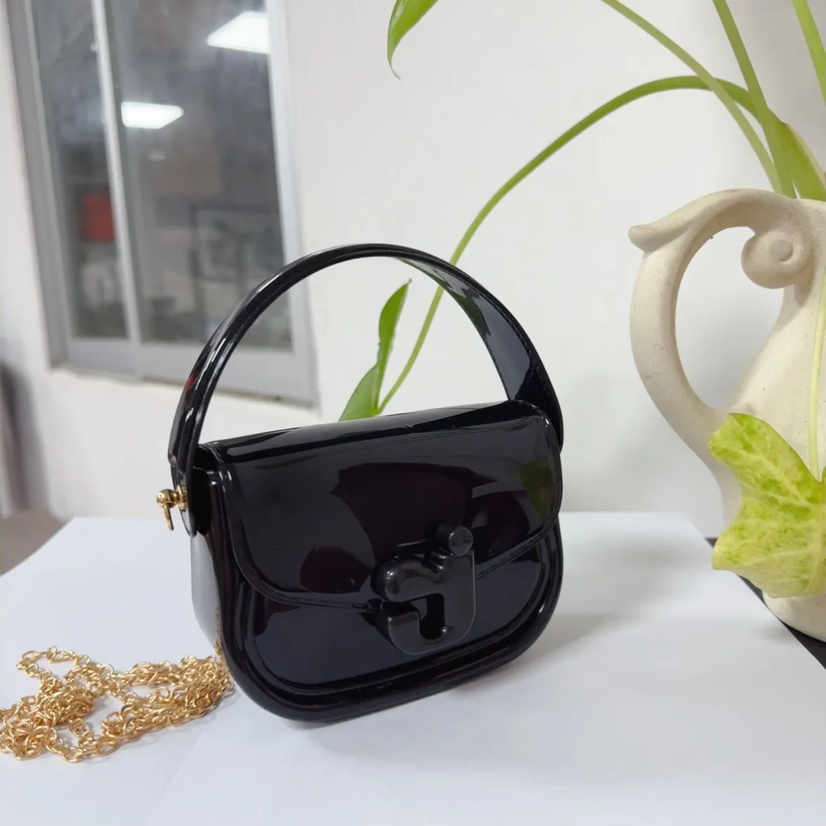 Children Fashion Solid Color J Letter Jelly PVC Mini Chain Messenger Bag Small Square Crossbody
