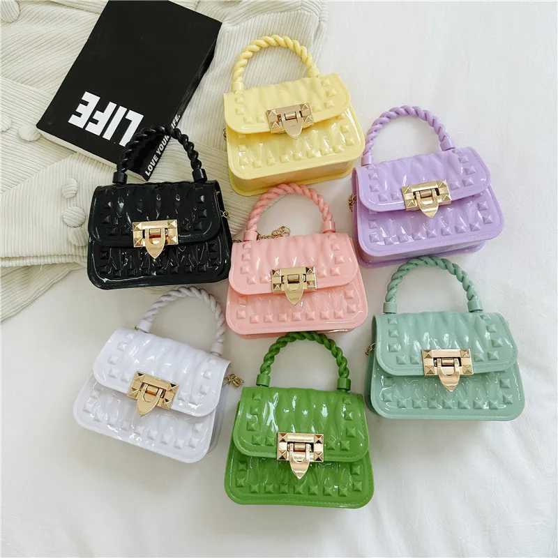 Women Fashion Solid Color Mini Lock Chain Crossbody Bag PVC