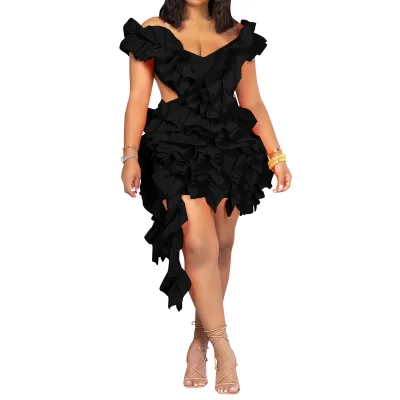 Summer Women Fashion Sexy Deep V Backless Wood Ear Mini Dress