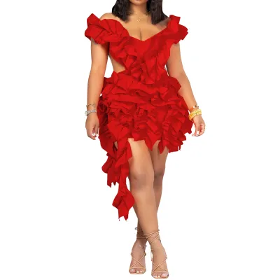 Summer Women Fashion Sexy Deep V Backless Wood Ear Mini Dress