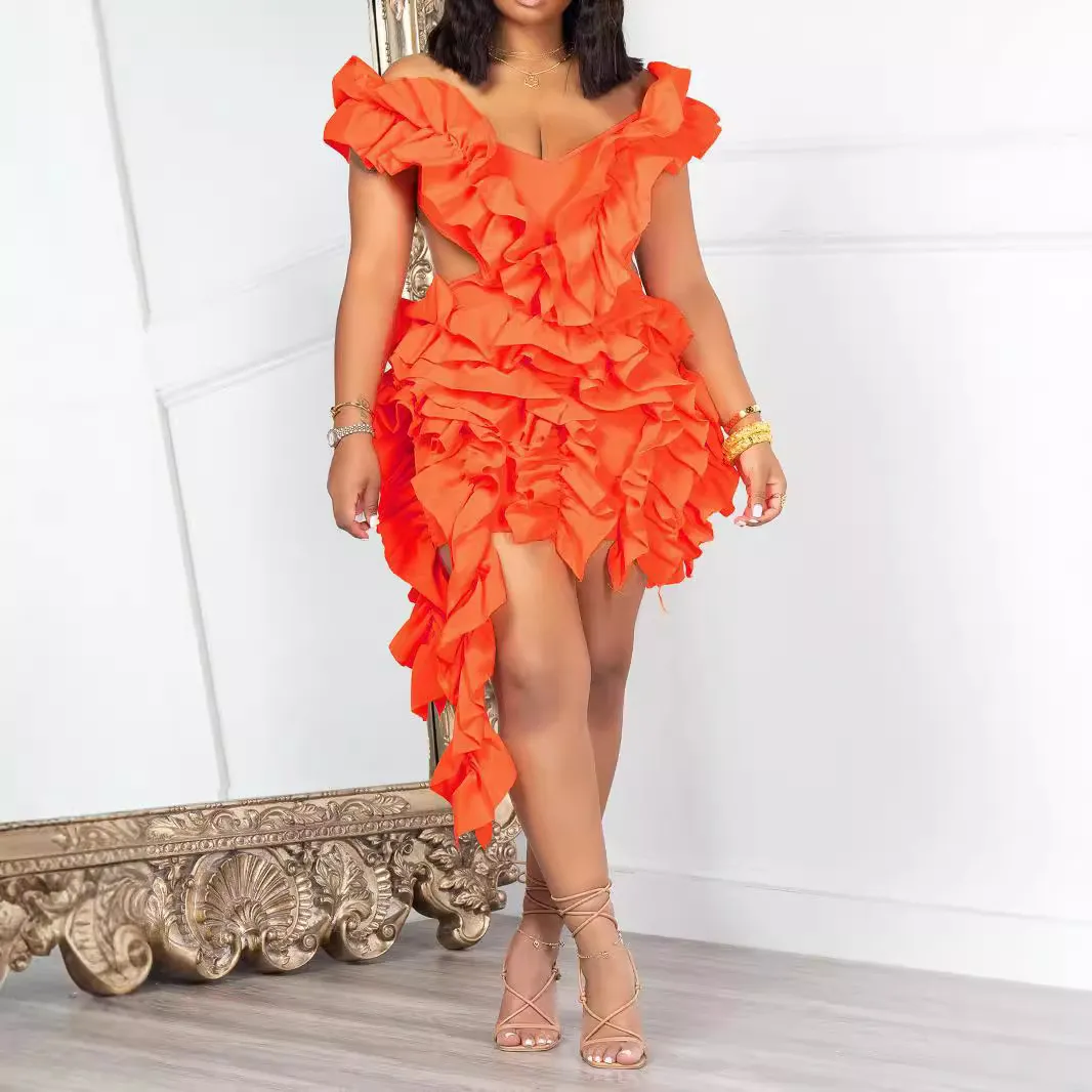 Summer Women Fashion Sexy Deep V Backless Wood Ear Mini Dress