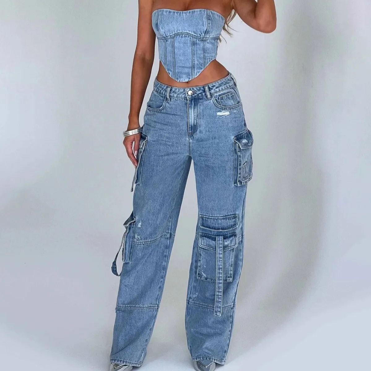 Women Fashion Sexy Low Rise Stereo Pocket Stitching Cargo Jeans