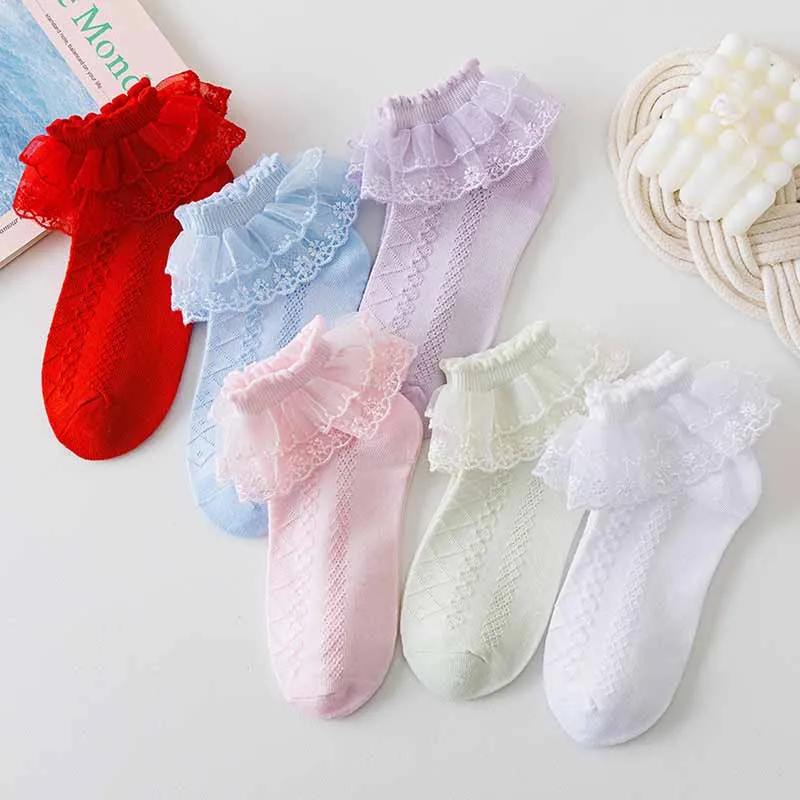 Kids Girls Basic Casual Cute Solid Color Lace Socks