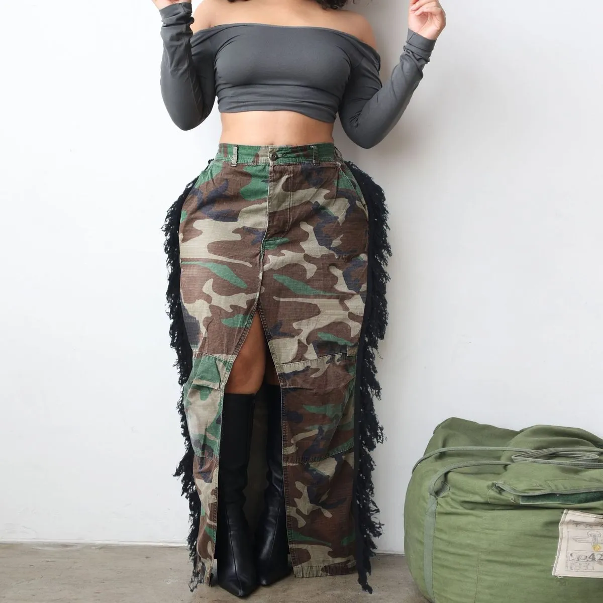 Summer Women Fashion Camouflage Print Tassel High Waist Split Pencil Skirt