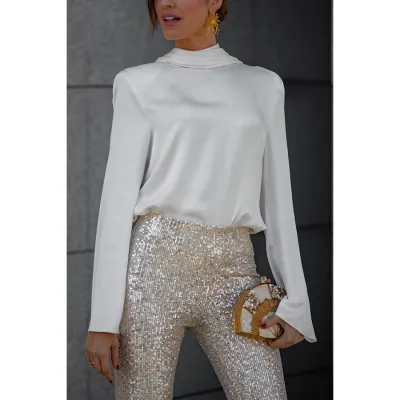 Women Casual Solid Color Loose Backless Long Sleeve Satin Blouse